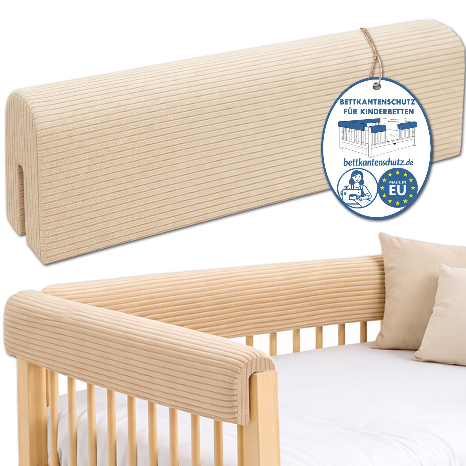 Bettkantenschutz – Polsterung für Gitterbett & Bettkante– Beige Cord