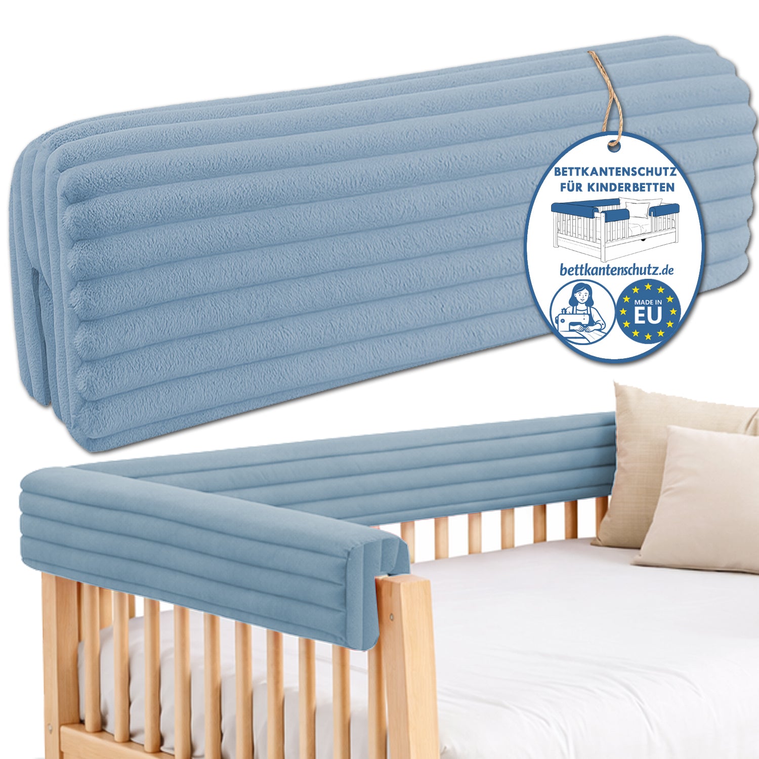 Bettkantenschutz – Polsterung für Gitterbett & Bettkante – Blau Cord