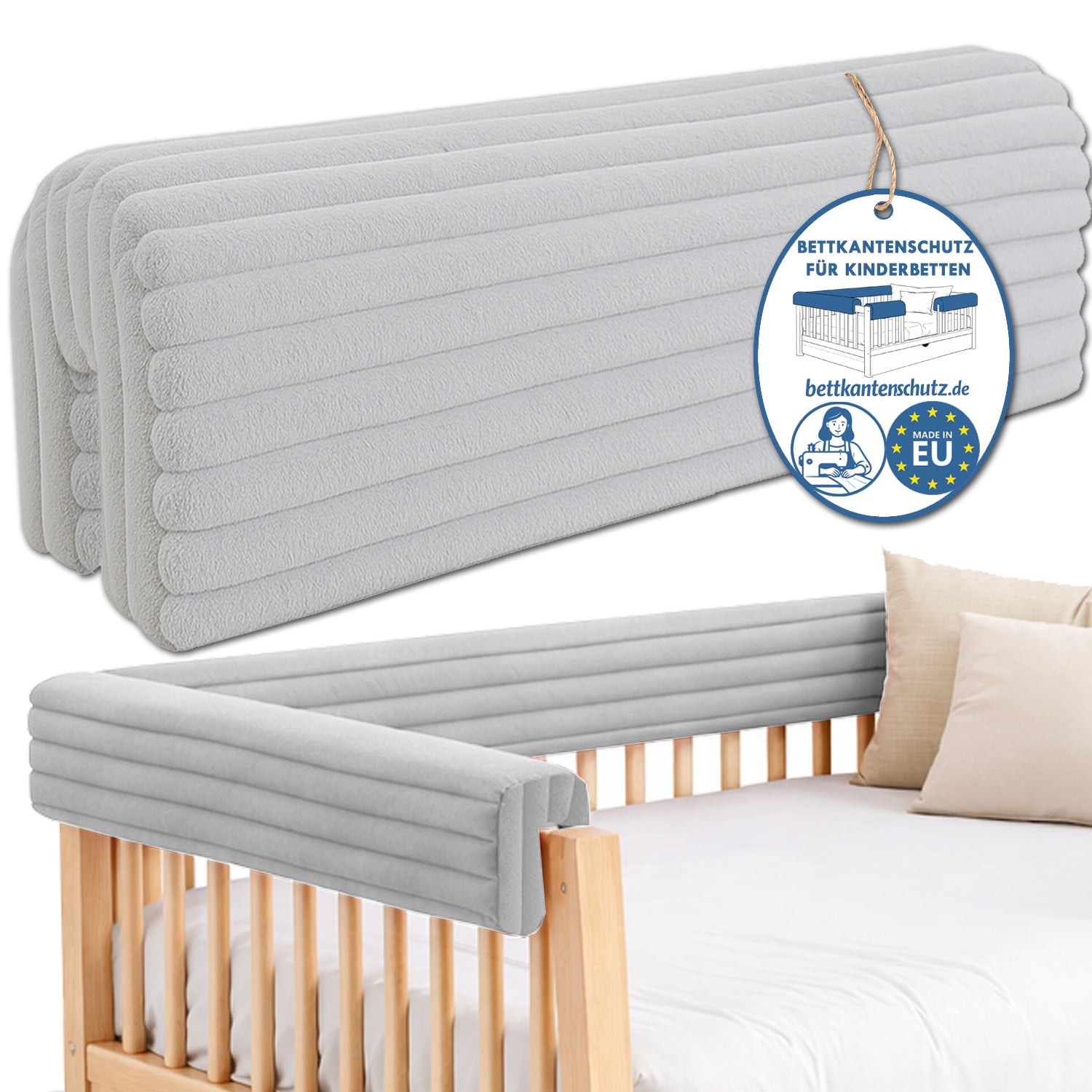 Bettkantenschutz – Polsterung für Gitterbett & Bettkante – Hellgrau Cord
