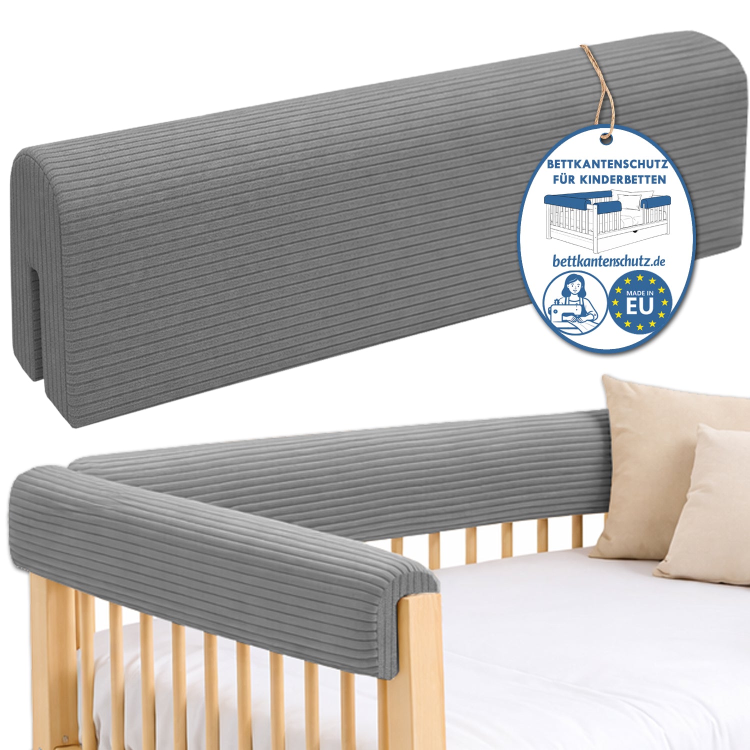 Bettkantenschutz – Polsterung für Gitterbett & Bettkante – Grau Cord