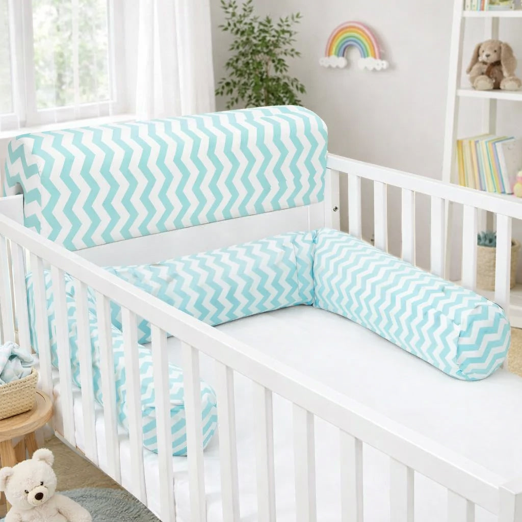 Bettkantenschutz 70x20x14 cm + Bettschlange - 150x15 cm – Türkis-Weiß Chevron