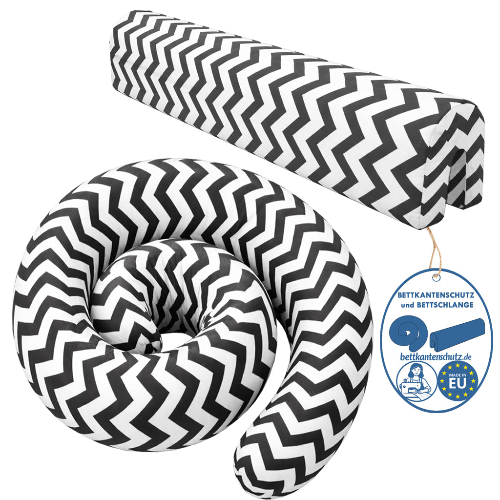 Bettkantenschutz 70x20x14 cm + Bettschlange 150x15 cm – Schwarz-Weiß Chevron