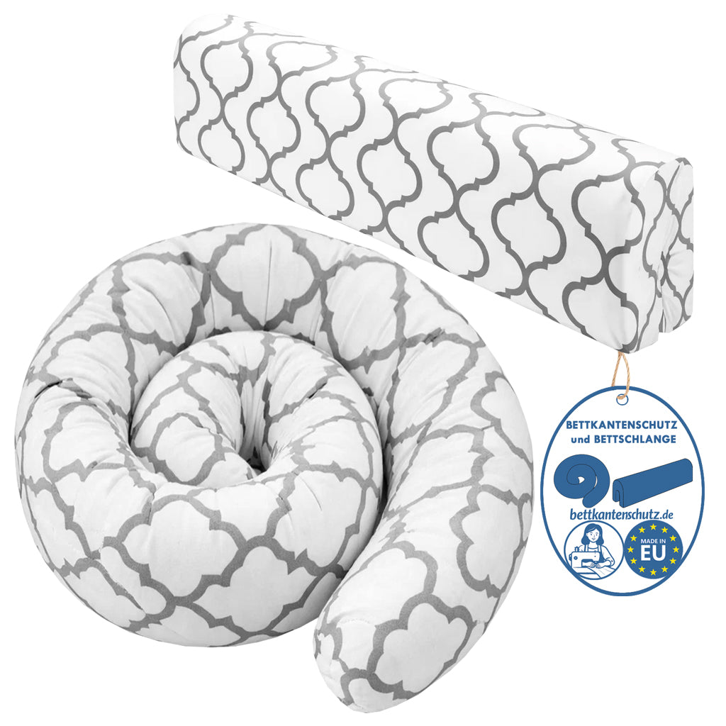 Bettkantenschutz 70x20x14 cm + Bettschlange 150x15 cm – Graues Ornament