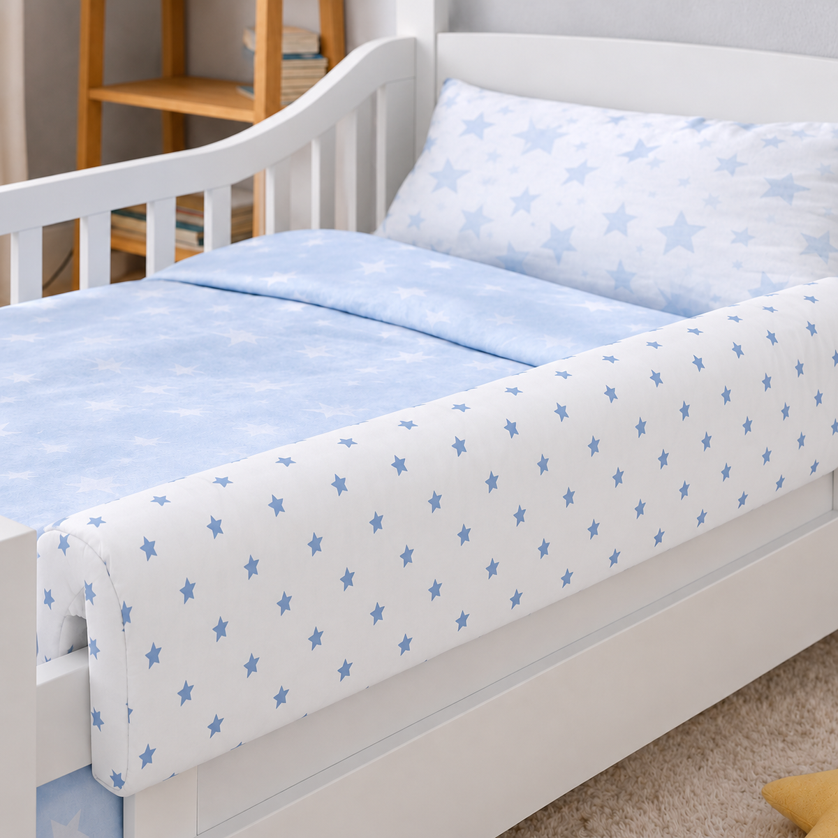 Bettkantenschutz 70 cm – Polsterung für Gitterbett & Bettkante – Baumwolle Blaue Sterne