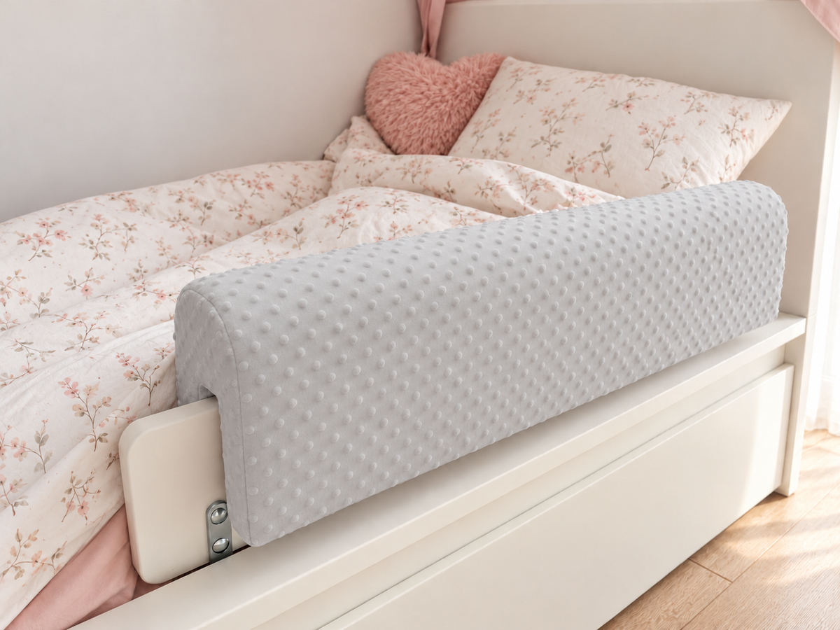 Bettkantenschutz – Polsterung für Gitterbett & Bettkante – Grau Minky