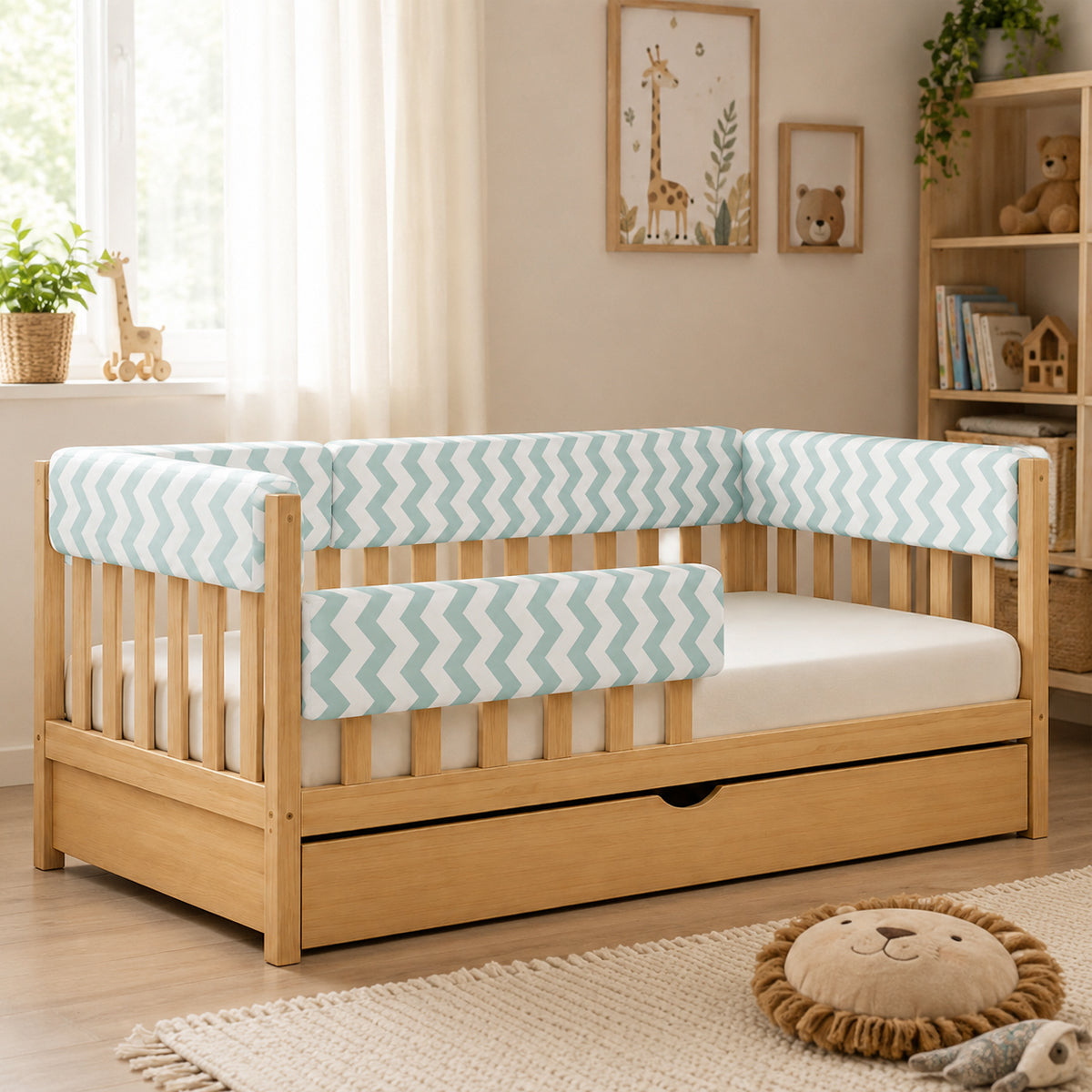 Bettkantenschutz 70 cm – Polsterung für Gitterbett & Bettkante – Baumwolle Türkis-Weiß Chevron