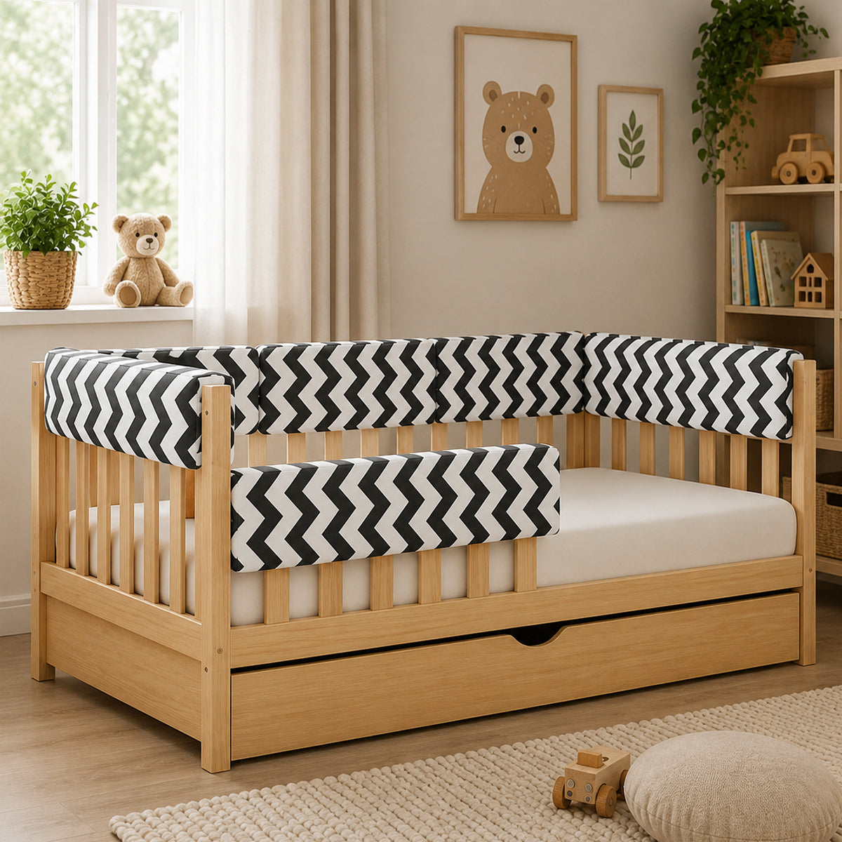 Bettkantenschutz 70 cm – Polsterung für Gitterbett & Bettkante – Baumwolle Schwarz-Weiß Chevron