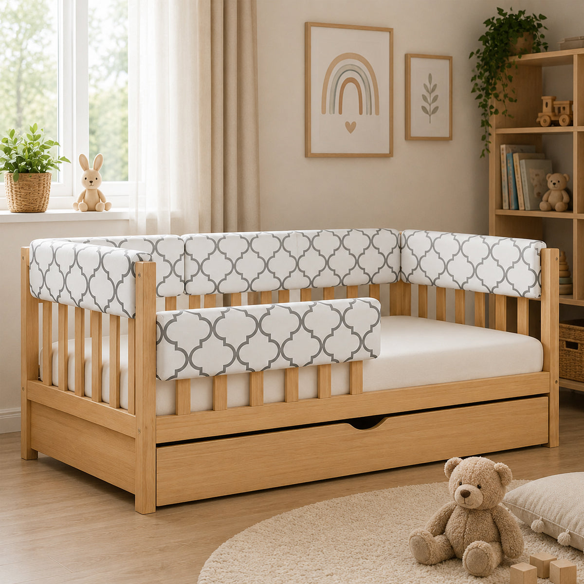 Bettkantenschutz 70 cm – Polsterung für Gitterbett & Bettkante – Baumwolle Graues Ornament
