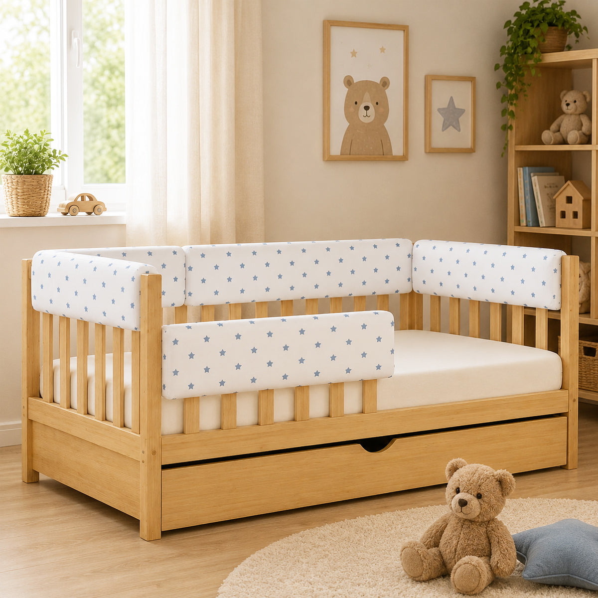 Bettkantenschutz 70 cm – Polsterung für Gitterbett & Bettkante – Baumwolle Blaue Sterne
