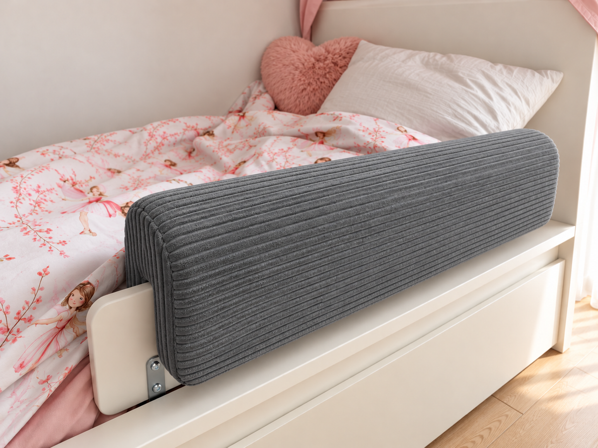Bettkantenschutz – Polsterung für Gitterbett & Bettkante – Grau Cord
