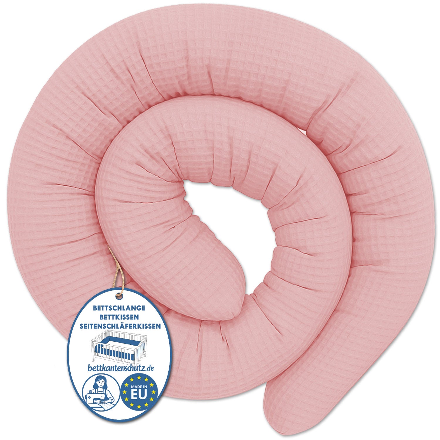 Bettschlange Kissen – Ideal als Stillkissen & Seitenschläferkissen -150–400 cm -  Rosa Waffelstoff