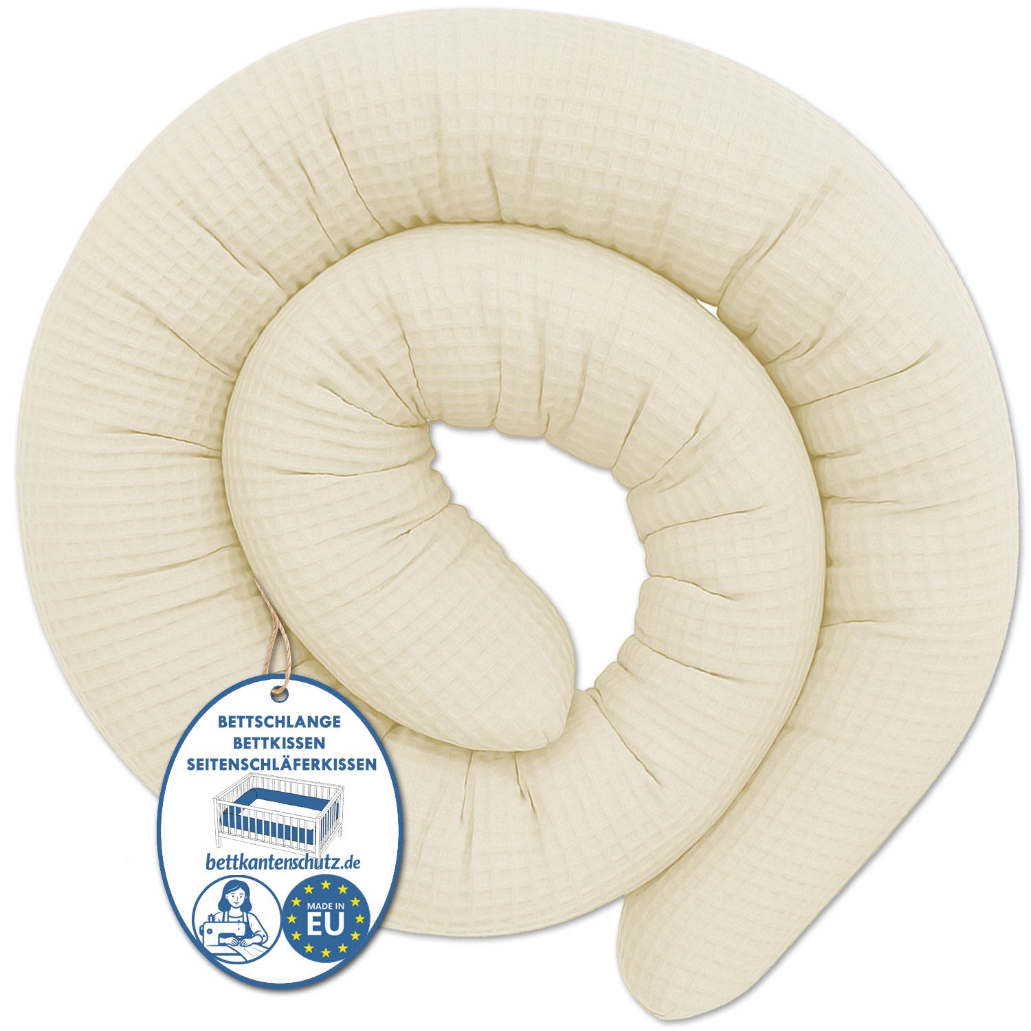 Bettschlange Kissen – Ideal als Stillkissen & Seitenschläferkissen -150–400 cm -  Creme Waffelstoff