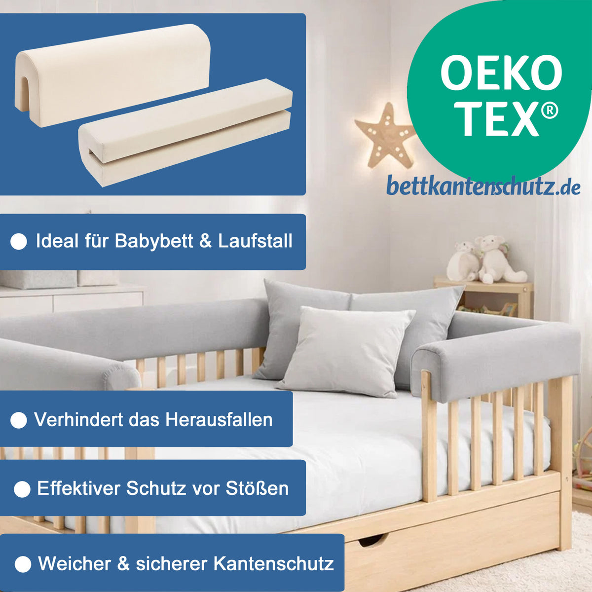Bettkantenschutz – Polsterung für Gitterbett & Bettkante – Grau Mikrof