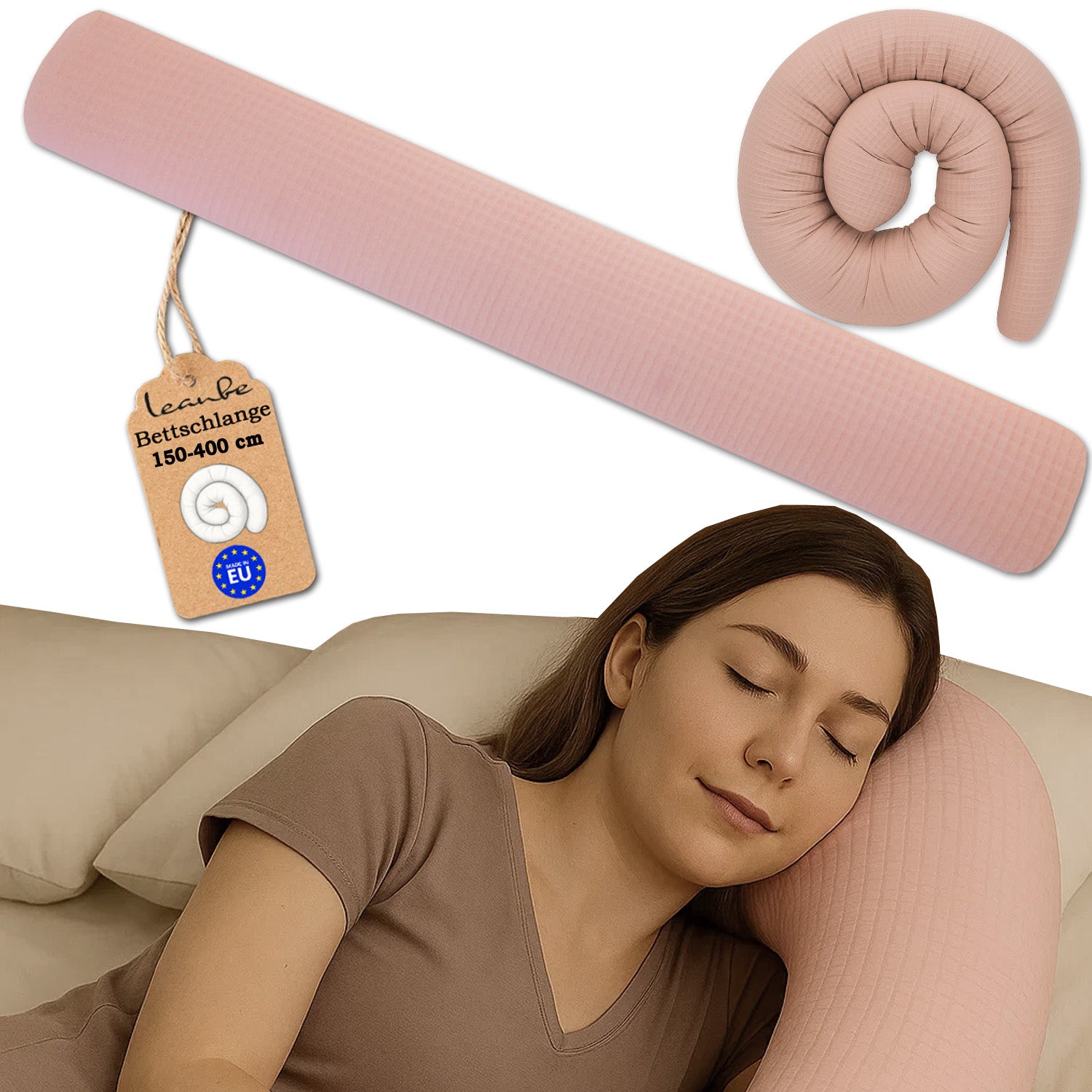 Bettschlange -150–400 cm - Seitenschläferkissen Rosa Waffelstoff