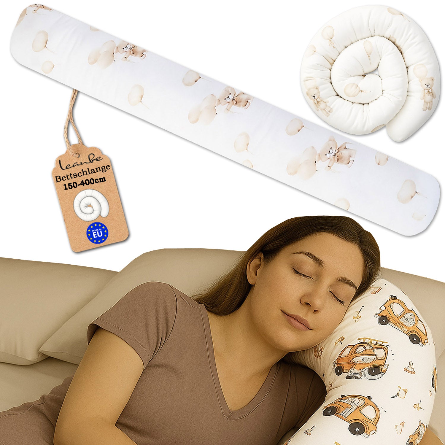 Bettschlange -150–400 cm - Seitenschläferkissen Teddybär