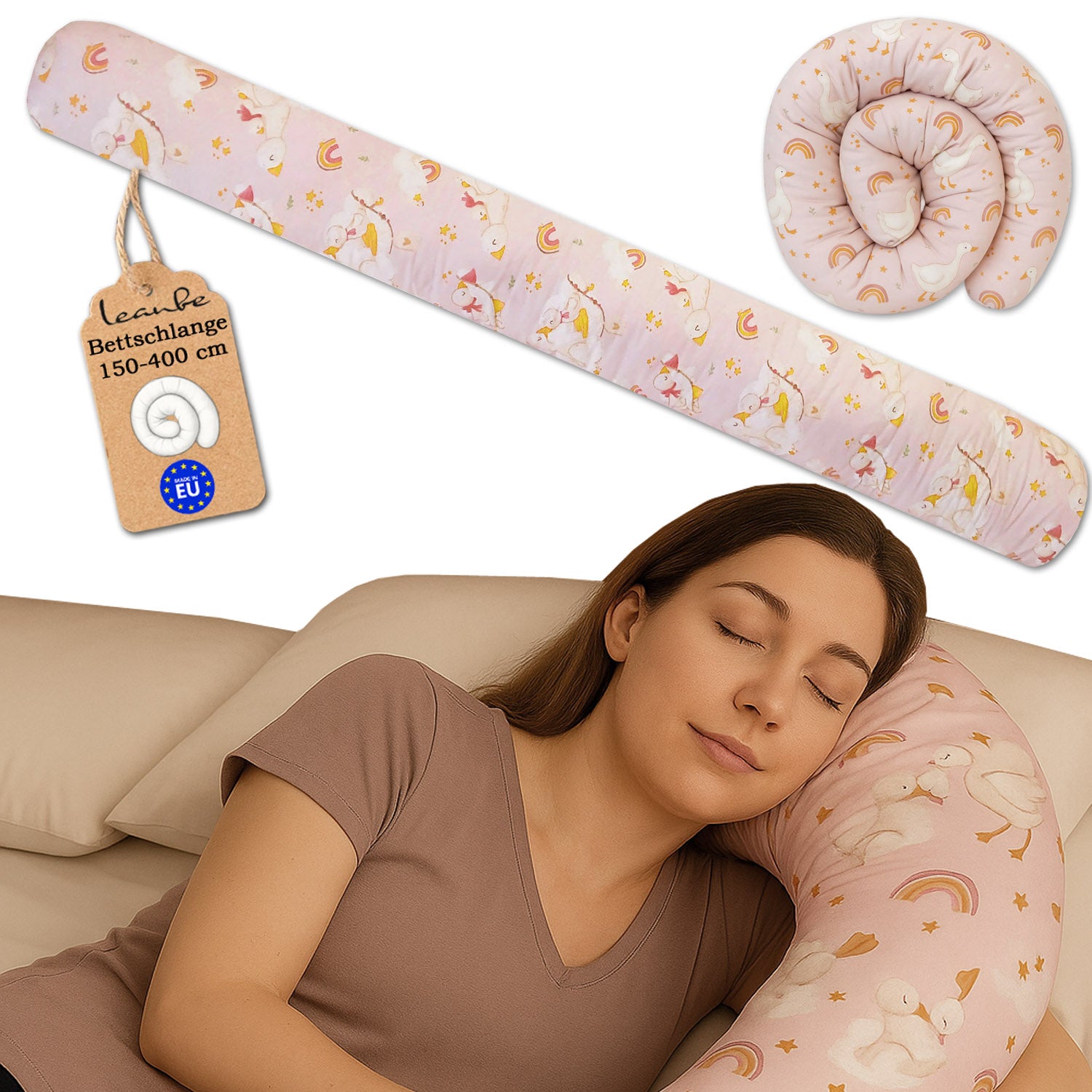 Bettschlange -150–400 cm - Seitenschläferkissen Rosa Gänse