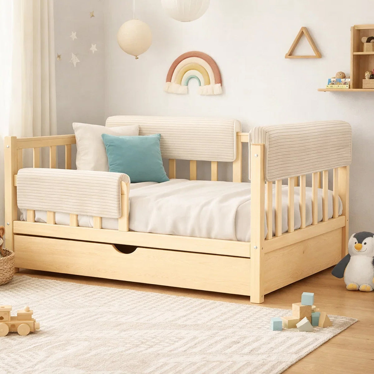 Bettkantenschutz – Polsterung für Gitterbett & Bettkante – Beige Cord