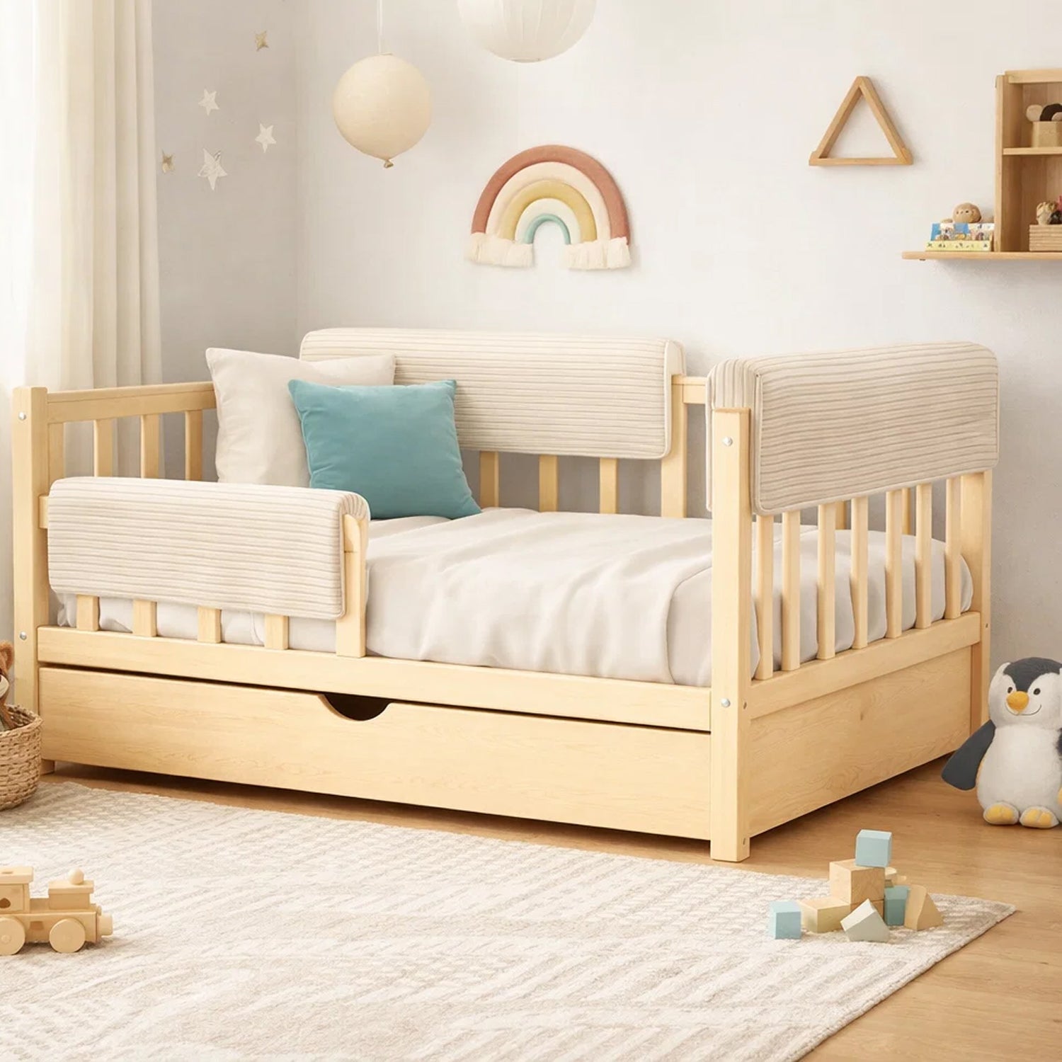 Bettkantenschutz – Polsterung für Gitterbett & Bettkante – Beige Cord