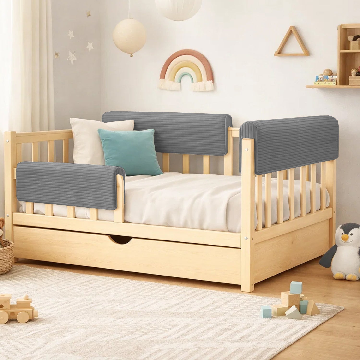 Bettkantenschutz – Polsterung für Gitterbett & Bettkante – Grau Cord