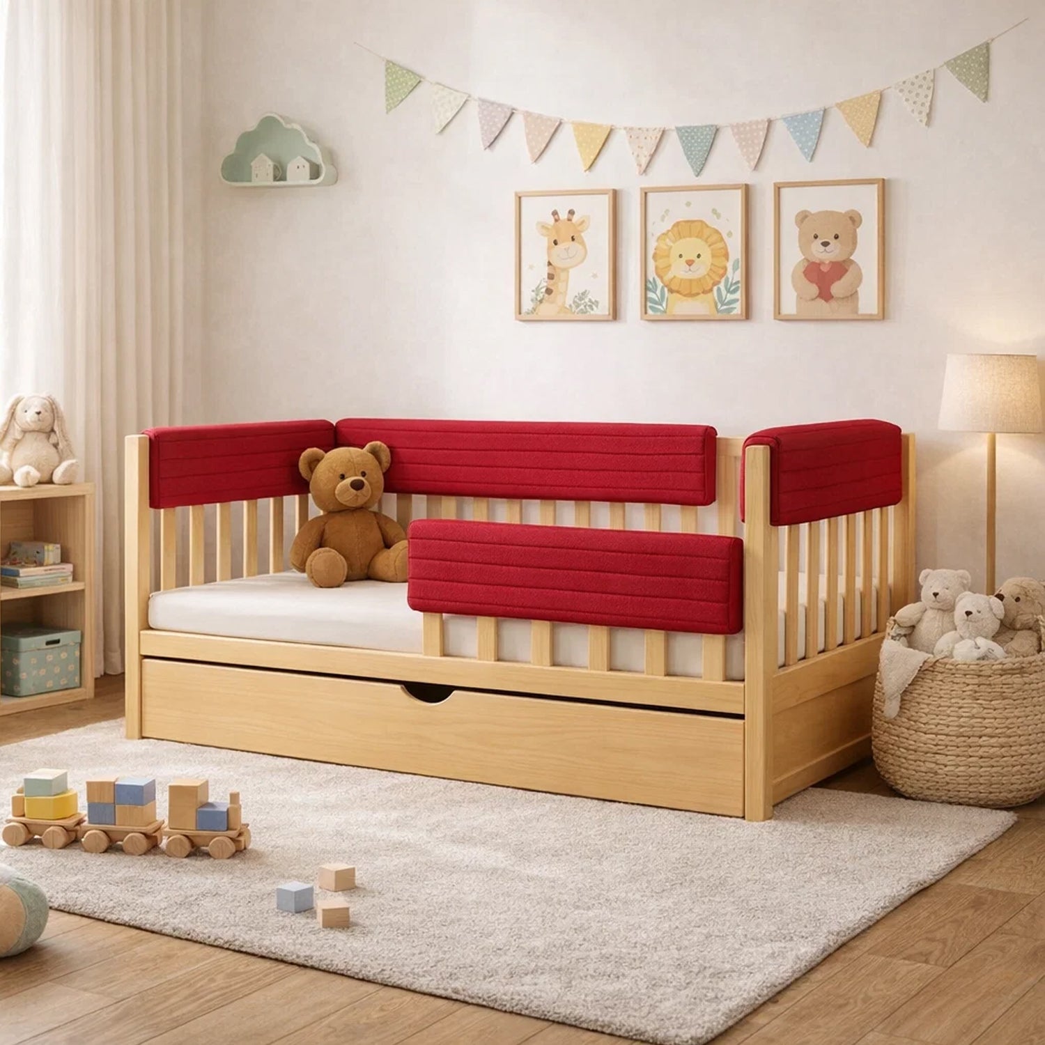 Bettkantenschutz – Polsterung für Gitterbett & Bettkante – Bordeauxrot Cord