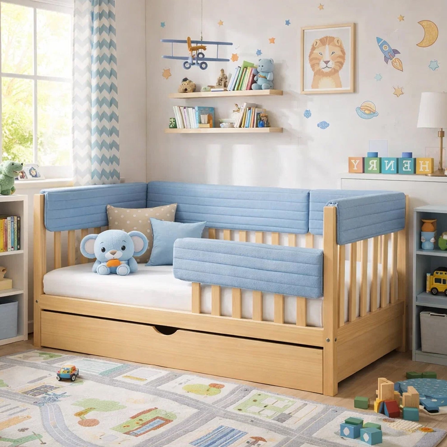 Bettkantenschutz – Polsterung für Gitterbett & Bettkante – Blau Cord