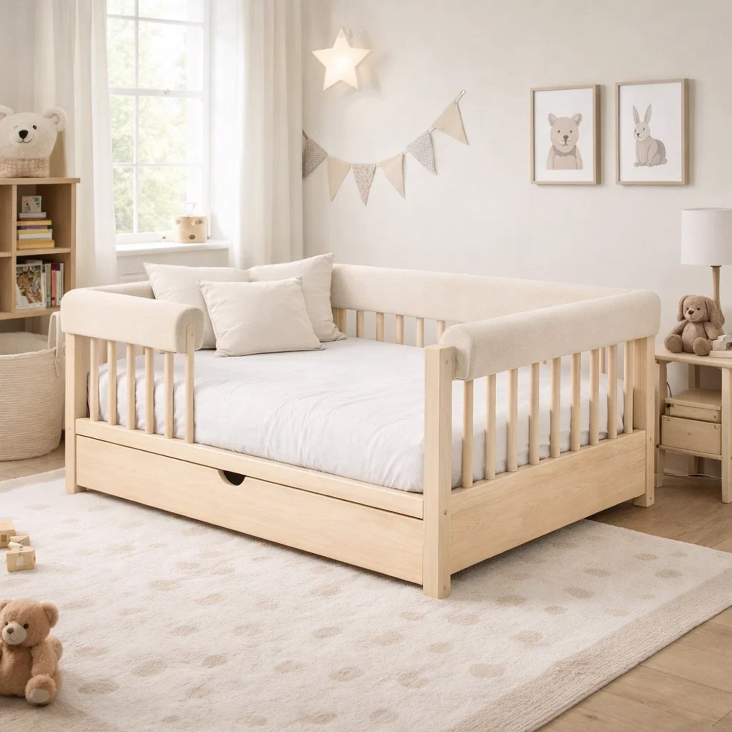 Bettkantenschutz – Polsterung für Gitterbett & Bettkante – Beige Mikrofaser