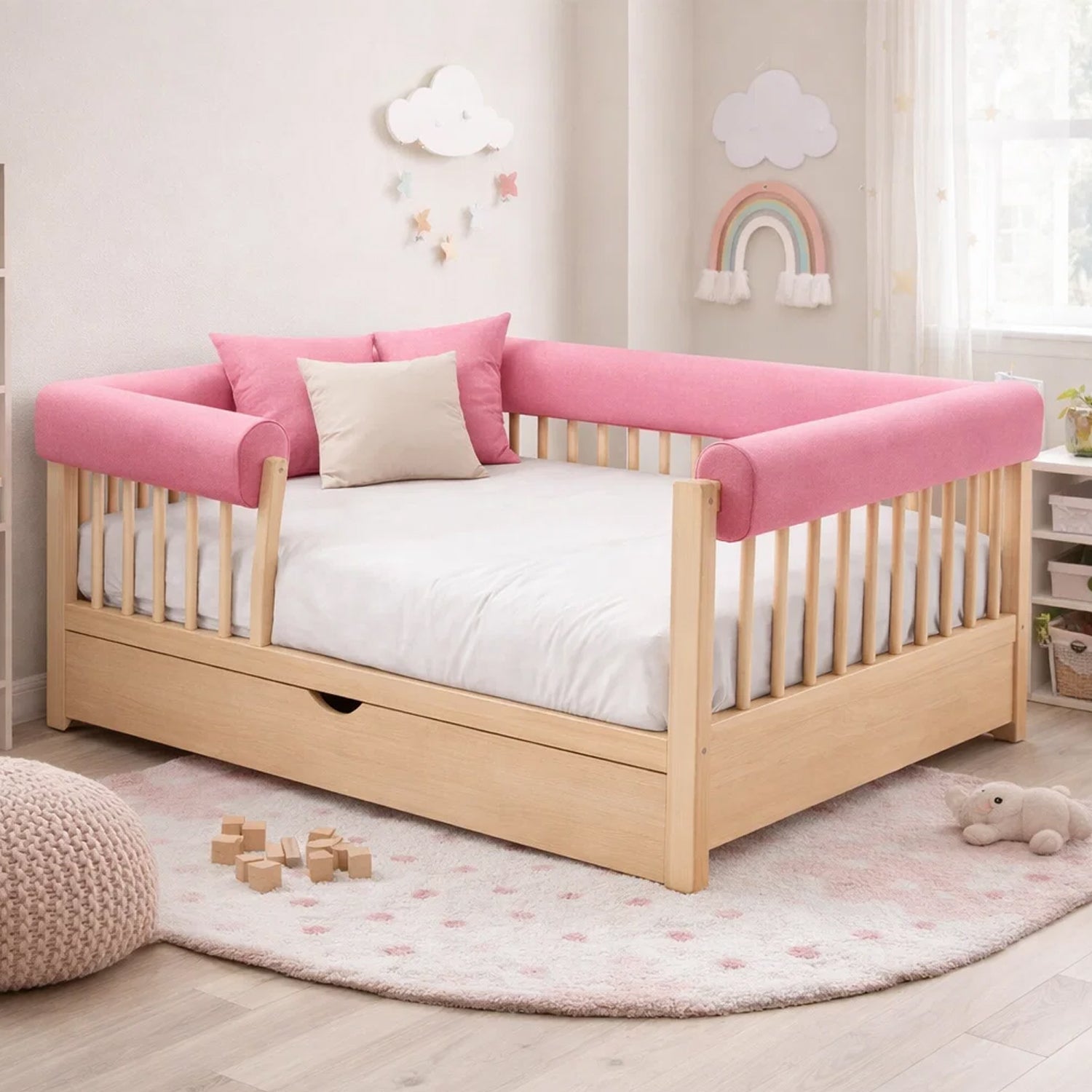 Bettkantenschutz – Polsterung für Gitterbett & Bettkante – Rosa Mikrofaser