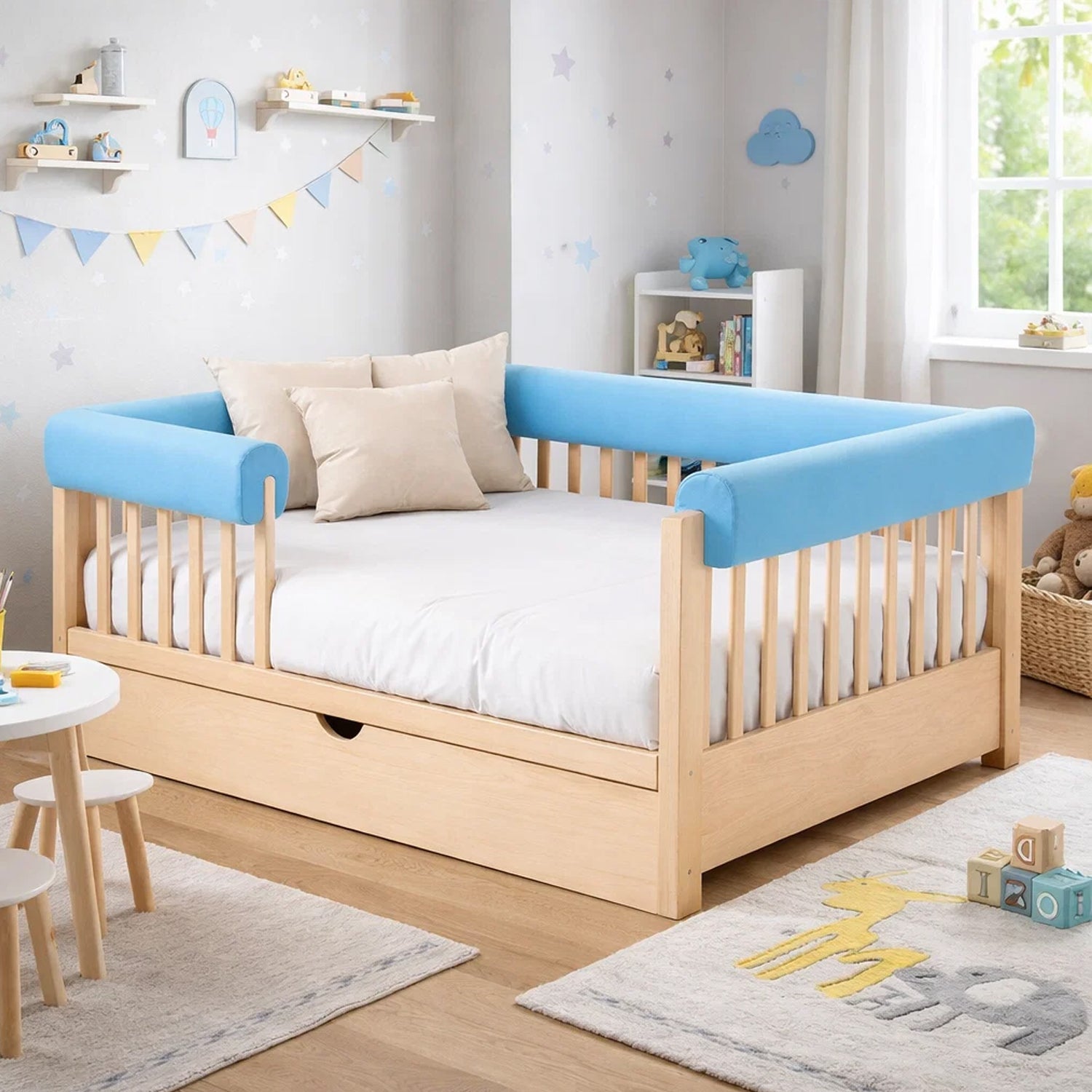 Bettkantenschutz – Polsterung für Gitterbett & Bettkante – Blau Mikrofaser